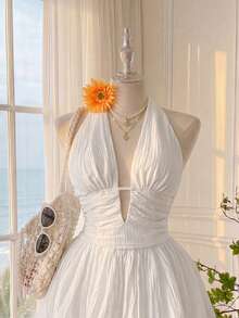 Comfortcana Plus Size Casual Vacation Style White Textured Chiffon Dress - White - View 5