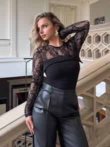Jeta Ari 女士优雅黑色蕾丝拼布透明衬衫，秋冬 - 黑色 - 查看 4