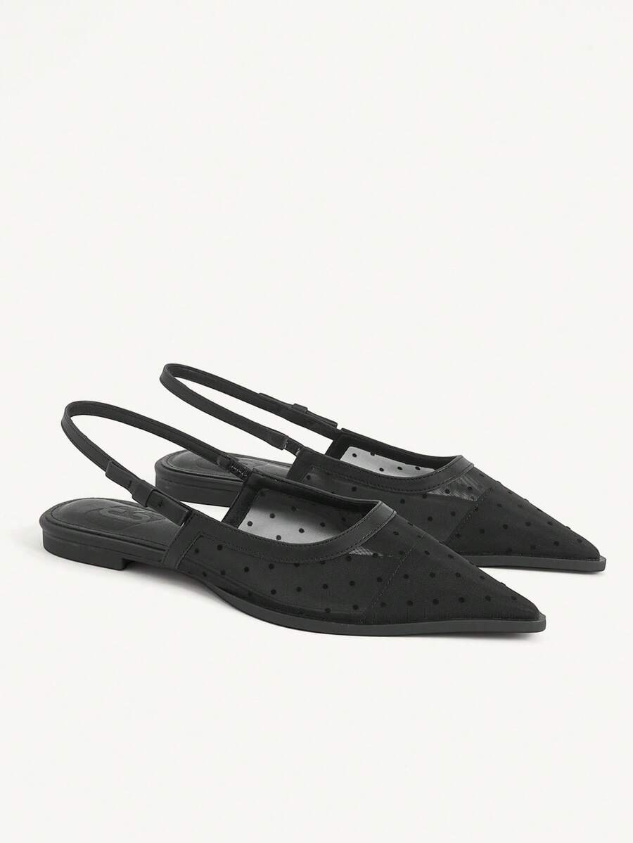 CUCCOO CHICEST Giày nữ kiểu Pháp mũi nhọn, gợi cảm, phối lưới, chấm bi, quai sau, đế bằng. - màu đen - Xem 1