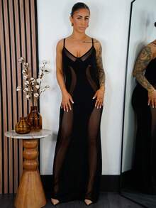 SAYEHFBABY 情人节约会 情人节服装 春夏不对称网纱拼接紧身胸衣美人鱼长裙派对 - 黑色 - 查看 6