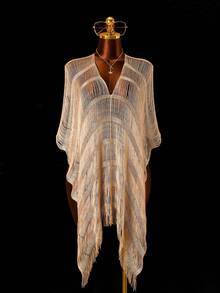 Zestiva Women's Elegant Boho Apricot High Slit Long Fringe Mesh Swimsuit Cover Up,Summer Beach Holiday Holiday,Seaside,Hot Spring,Suitable For Spring,Autumn - Gold - View 1