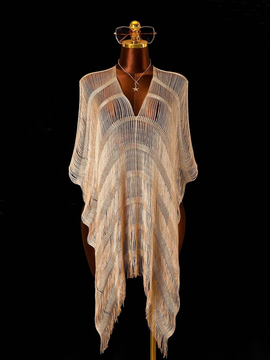 Zestiva Women's Elegant Boho Apricot High Slit Long Fringe Mesh Swimsuit Cover Up,Summer Beach Holiday Holiday,Seaside,Hot Spring,Suitable For Spring,Autumn - Gold - View 1