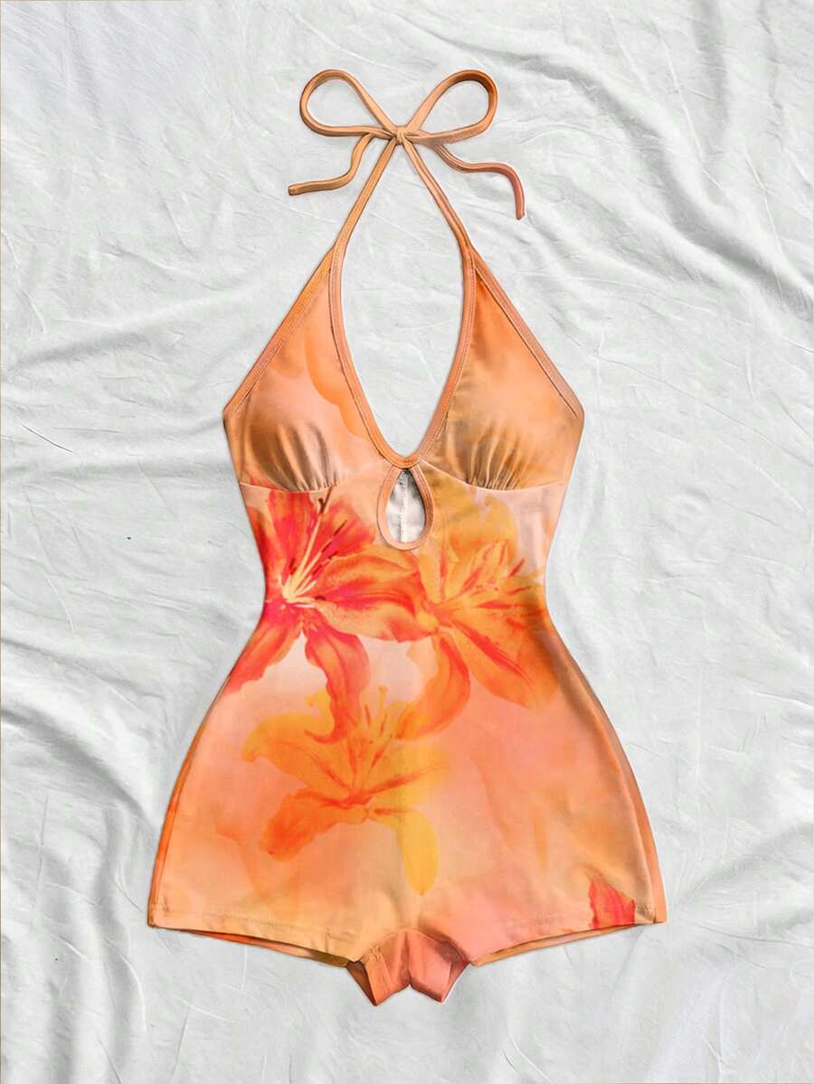 Soleia Women's Floral Print Halter Neck Romper For Beach Vacation - Multicolor - View 1