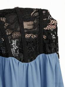 Vibekara Nuevo vestido de verano elegante con parches de encaje negro y cintura ceñida que reduce la edad - Azul - Ver 6