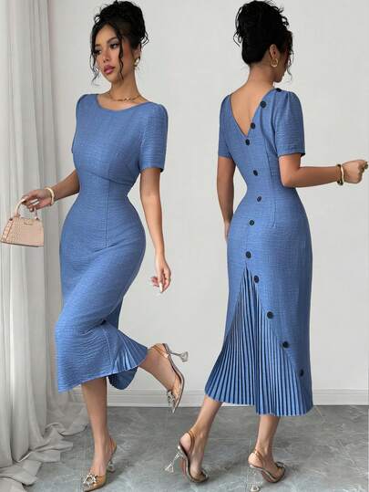 SHEIN Elenzya Women's Solid Color Back Button Design Short Sleeve Fitted Pleated Hem Elegant Dress