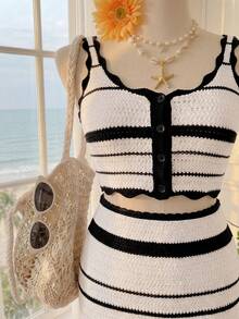 SHEIN EZwear 大码女装两件套，时尚新款春夏渐变条纹荷叶边吊带背心搭配时尚迷你裙，休闲简约通勤及度假装，大码女式沙滩装，大码女式邮轮装，大码女式度假装，大码女式夏季装 - 彩色 - 查看 4