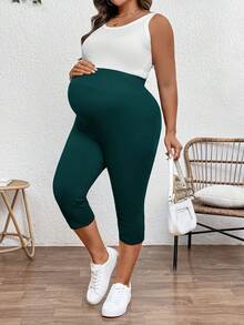 Plussiva Dark Green,Summer,Smart Casual,Everyday Plus Size Pregnant Women's Solid Color Capri Leggings,Stretchable Maternity Pants For Yoga  Gym Outfits - Dark Green - View 6