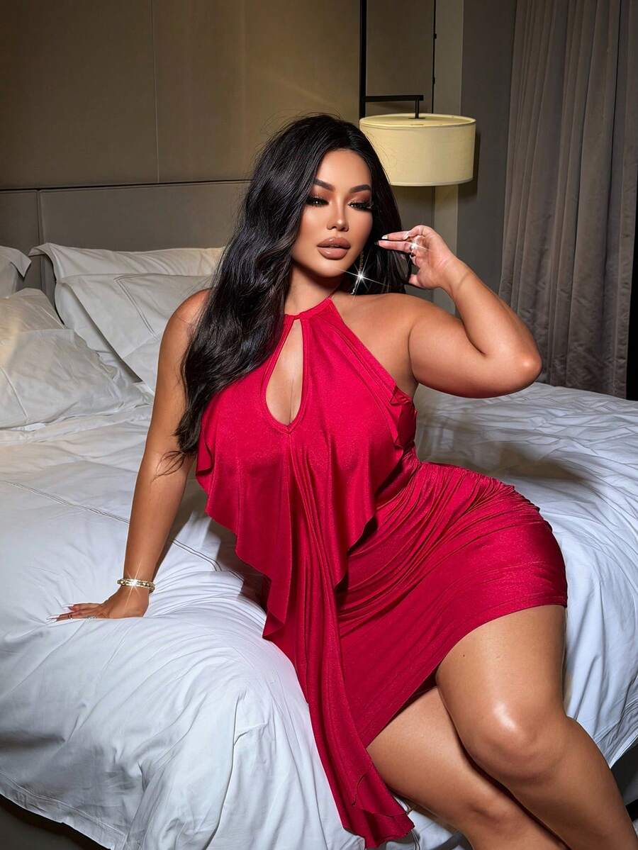 NU&NOW Plus Size Red Sexy Hollow Out Ruffle Hem Dress For Women Ruffle Detail Dress Party Mini Dress For Women Sexy Red Dress - Red - View 1