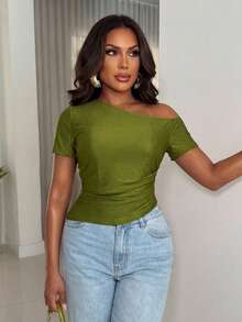 Xyvia Áo nữ thời trang bằng vải satin, eo chun, vạt áo bất đối xứng, tay ngắn, kiểu dáng lãng mạn, thanh lịch, thích hợp mặc đi làm, hẹn hò, dự tiệc, ăn tối, mùa xuân/hè. - màu xanh lá - Xem 3