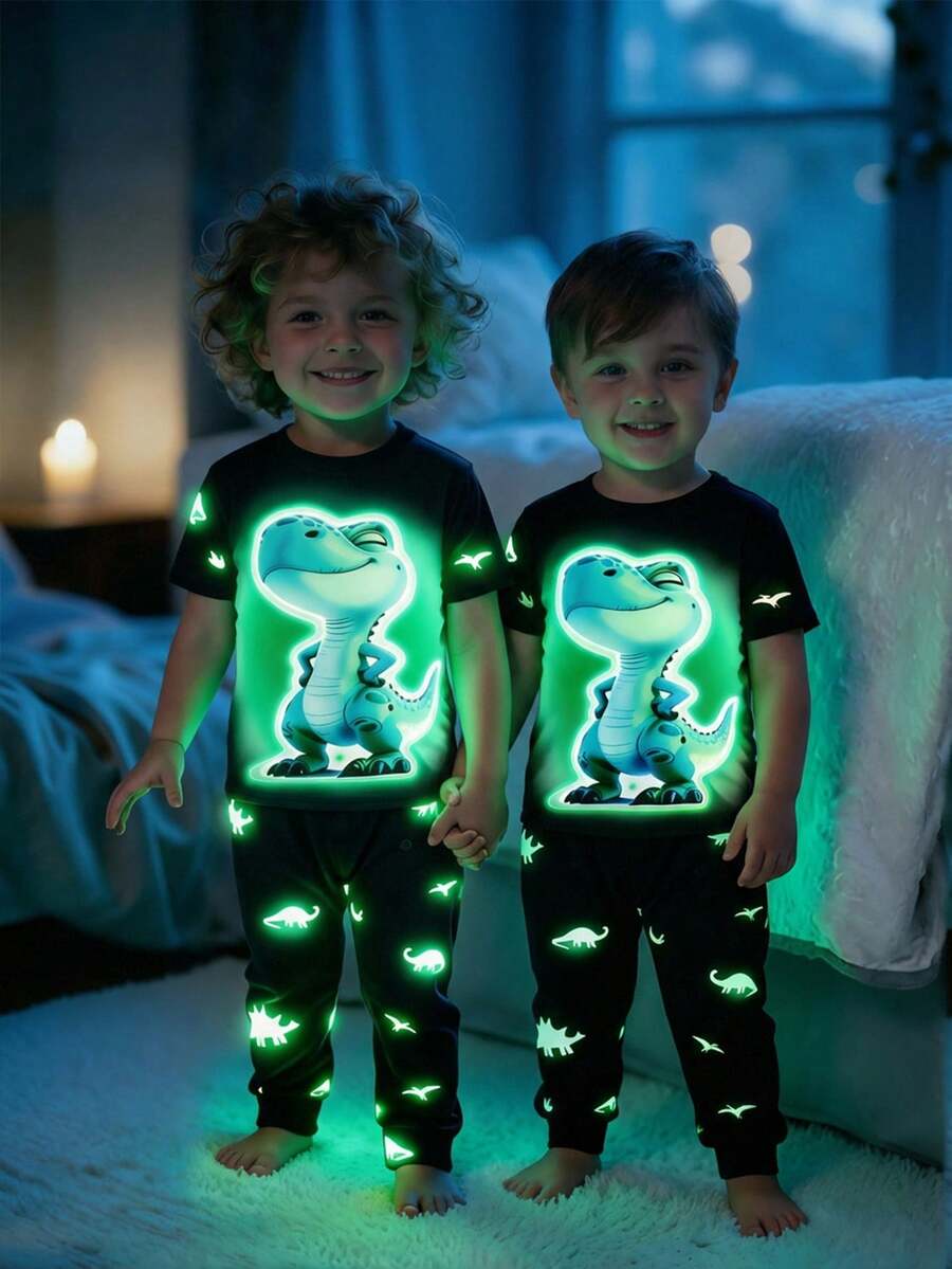 Bubblio Young Boy Dinosaur Cartoon Pattern Casual Minimalist Snug Fit Comfortable Round Neck Short Sleeve Pants Pajamas, Suitable For All Seasons - Multicolor - View 1