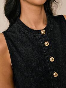 Poéselle Đầm denim nữ mới về, kiểu dáng chữ A không tay, cài khuy nửa thân, màu xanh dương, thích hợp cho mùa thu, phong cách Pháp, đầm thường ngày, đầm đi nghỉ mát, đầm dự tiệc, đầm đi chơi, đầm dành cho người giàu, đầm tựu trường, đầm sinh nhật cho nữ, trang phục giáo viên cho nữ. - màu đen - Xem 9