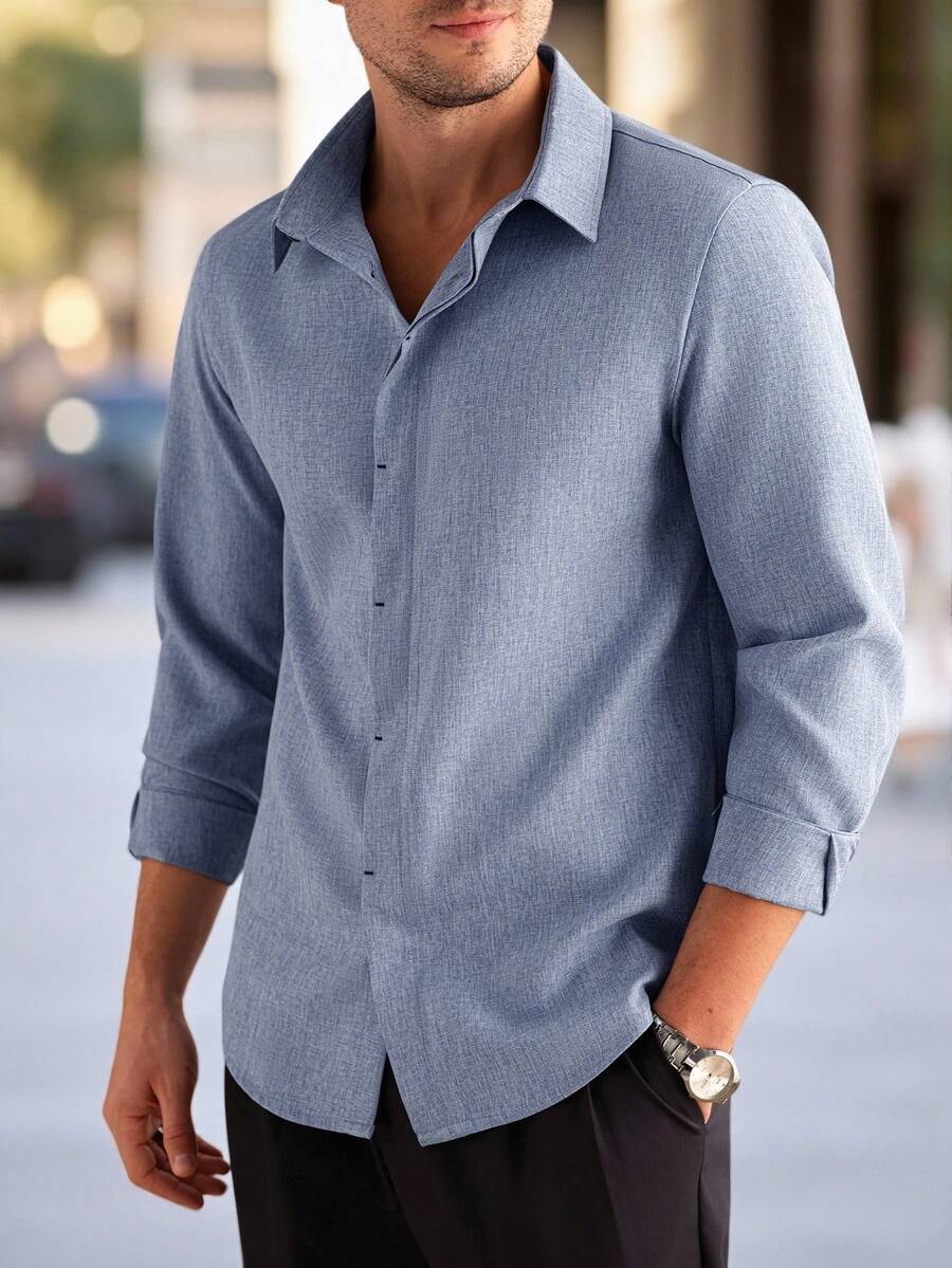 Manfinity Bizformal 男士双色网眼商务休闲前扣长袖衬衫 - 藍色 - 查看 1