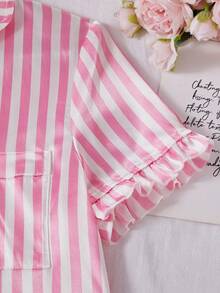 Girls Pajamas, Elegant & Comfortable Soft Satin Pink & White Striped Ruffle Trim Short Sleeve Cardigan & Shorts 2 Pieces Sleepwear Set - Multicolor - View 9