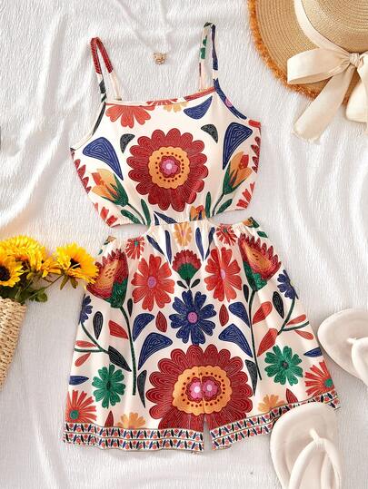 梭织印花吊带背心，女士扭结镂空无袖连体裤，印花图案女士夏季服装，女士度假装，波西米亚风时尚，女士沙滩装，休闲飘逸波西米亚风女士服装，女士热带风情服装