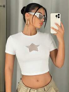 SHEIN ICON 女士镂空星形刺绣圆领短袖修身露脐T恤 - 白色 - 查看 5