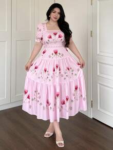Casual Elegant French Square Collar Printed Date/Party/Vacation Pink Short Puff Sleeve Embroidered Dress, Summer Plus Size - Pink - View 6