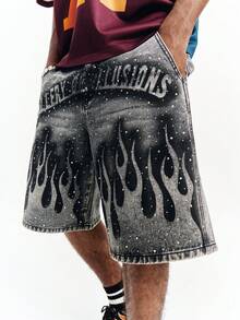PAVTROS 休闲宽松做旧火焰印花水钻装饰短裤，美式风格 - 灰色 - 查看 2