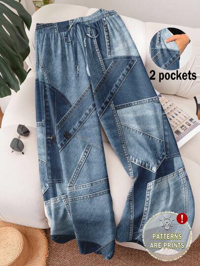 CosyJoli Plus Size Women's Spring/Summer New Denim-Look Pattern Beach Shorts, Suitable For Occasions Like Valentine's Day, Commuting Fashion, Striped Wide Leg Pants With Pockets. Beach Resort/College Student Vacation Style Cruise Ship Women's Summer Loose Pants/Loose Pants, Plus Size Women's Casual Pants.