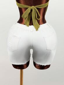 Mistrie Women's Pocket Distressed Frayed Hem Skinny Casual Denim Shorts - Blue - View 8