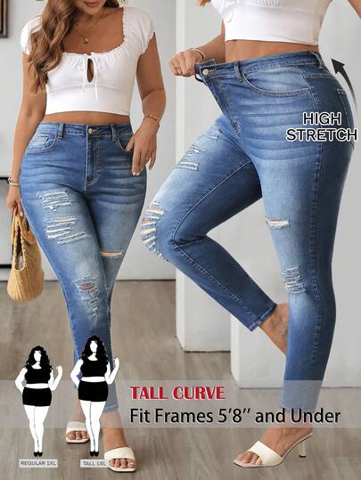 SHEIN Tall CURVE Quần jeans skinny cạp cao rách có túi dành cho nữ cỡ lớn