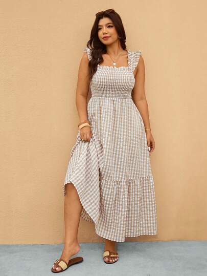 Elaquor Plus Size Women Plaid Ruched Casual Party Long Dress, Summer Picnic Dresses For Women Elegant Summer Dresses For Women Brunch Dresses For Women Retro Dresses For Woman Zanea Dress For Woman Country Style For Women Casual Dresses For Women Summer Plus Size Dress For Women