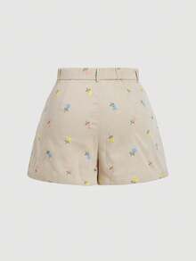 SHEIN MOD Quần short nhung kẻ sọc thêu hoa xinh xắn lưng cao dành cho nữ - Màu Khaki - Xem 3