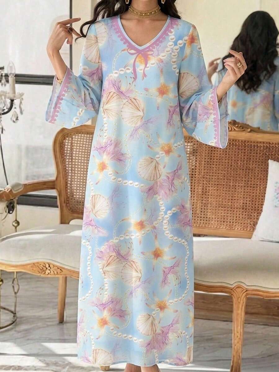 Al Najma 休闲简约保守贝壳印花长袖阿拉伯风格连衣裙 - 彩色 - 查看 1