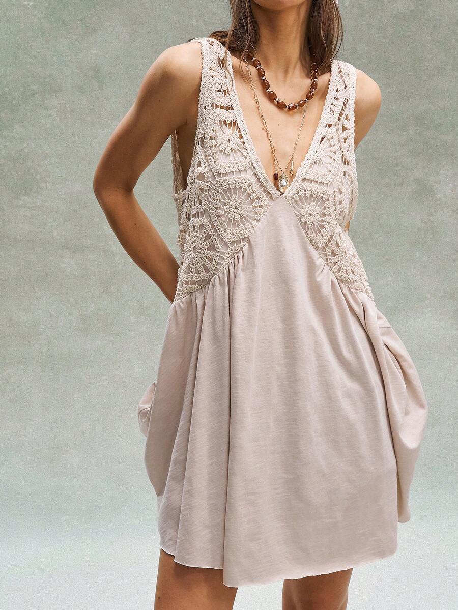 Bohemela Casual Boho Crochet White Knit V-Neck Sleeveless Mini Dress For Women Resort Dresses For Women Holiday Holiday Vacation Summer - Apricot - View 1