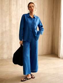 MOTF PREMIUM WOMEN'S LINEN COMFORTABLE LOOSE SHIRT - Blue - View 5