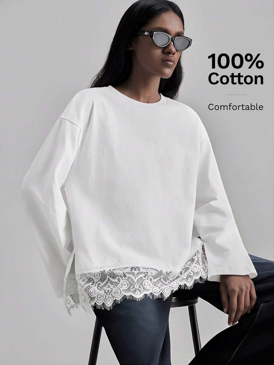 Ontre 2026 SS Maglietta in pizzo e pannelli, Maglie casual da donna per vacanze e feste, Elegante camicetta in maglia leggera, Scollo tondo, Bianco, Design minimalista, Adatta per ufficio, tempo libero, vacanze, feste