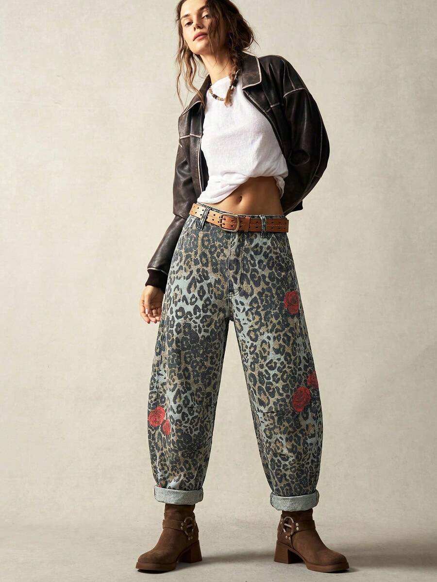 Bohemela Quần nữ họa tiết da báo và hoa, kiểu dáng thường ngày đa năng. - Iron Gray - Xem 1