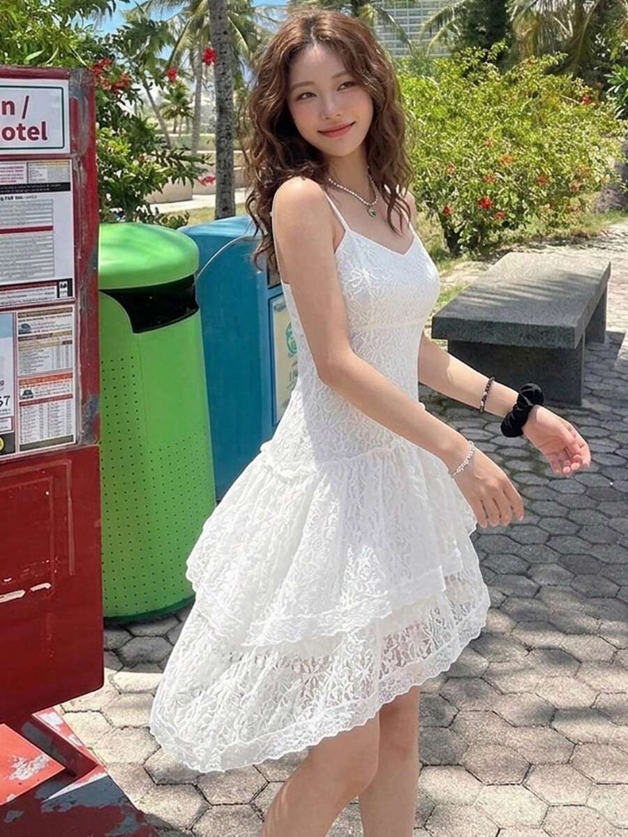 K-Vae Women's Floral Lace Ruffle Hem Elegant Spaghetti Strap Mid-Length Dress,Summer Dresses For Women - White - View 1