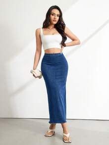 SHEIN Tall Women's Casual Versatile Date & Outing Denim Mini Skirt - Dark Wash - View 7