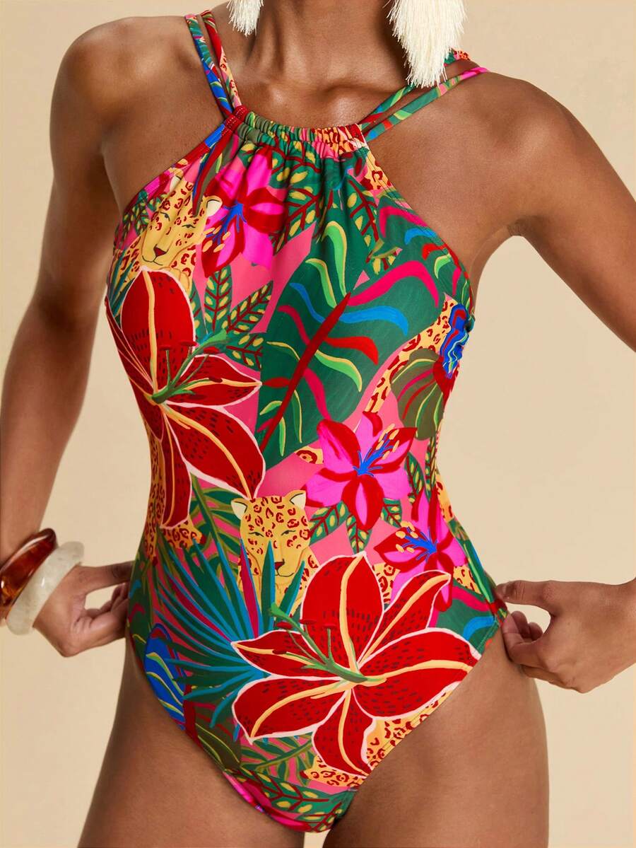 Travachic Women's Tropical Print Backless Halter One-Piece Swimsuit For Beach Vacation,Summer,Festival,Party ,Cute,Beach,Casual,Vacation,Holiday,Summer Outfits,Spring Outfit Women ,Beach Outfit For Women,Beach Outfits For Women,Beach Outfit,Beach Outfits,Vacation Outfits Women,Holiday Outfits For Women,Summer Holiday Outfits,Holiday Outfits,Vacation Outfits For Women,Beach Vacation Outfits For Wome,Country,Country Concert Outfit,Country Style For Women,Country Outfits For Women,Tropical, Mermaid, Bohemian, Ibiza, Western - Multicolor - View 1