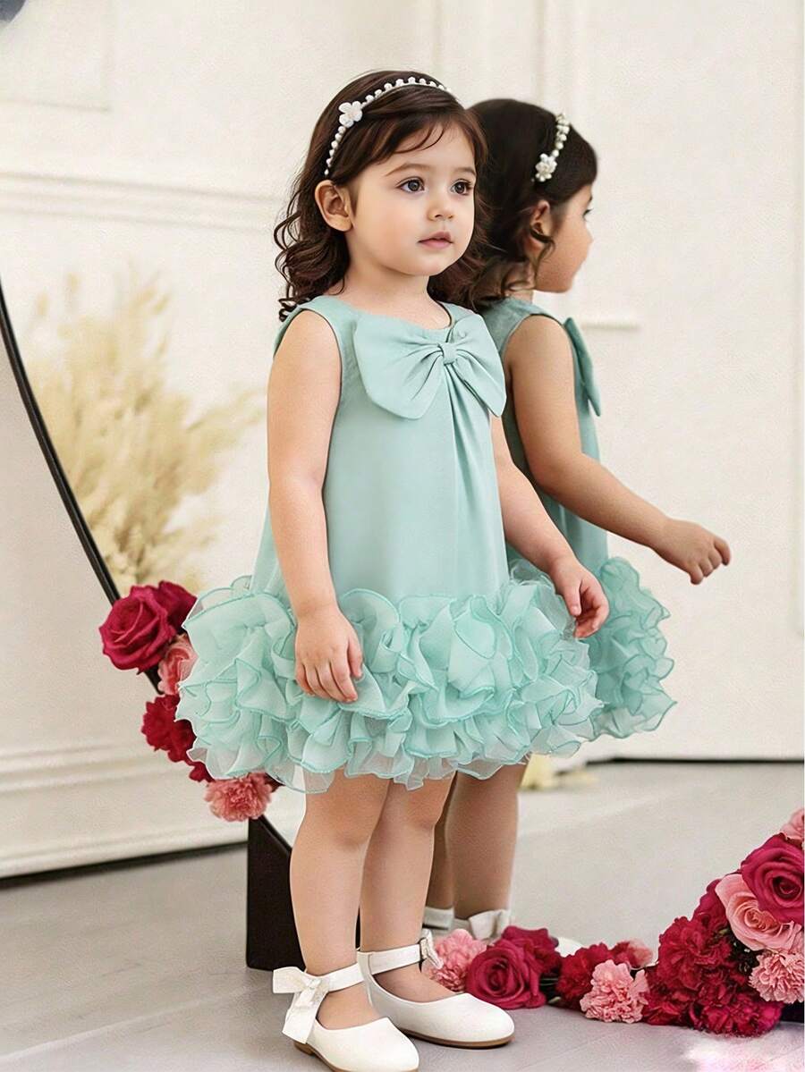 Elladie kids 女婴优雅无袖蝴蝶结装饰荷叶边网纱连衣裙,春夏简约时尚 - 淺綠色 - 查看 1