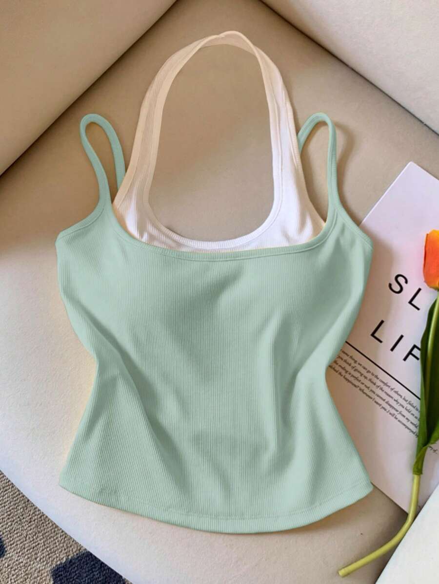Resyla Contrast Color 2 In 1 Fitted Casual Sleeveless Camisole For Summer - Multicolor - View 1