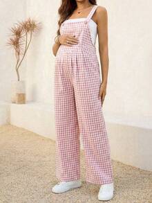 SHEIN Quần yếm ống rộng kẻ caro có túi dành cho bà bầu, kiểu dáng thường ngày, đa năng, thích hợp mặc hàng ngày. - Màu tím hoa cà - Xem 5