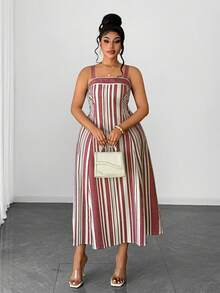 Maweii Đầm dự tiệc mùa xuân/hè thanh lịch, dây mảnh, kiểu quây ngực, kẻ sọc, ôm sát, tôn dáng, tối giản, thiết kế độc đáo, không thể thiếu cho kỳ nghỉ của phụ nữ ngoại cỡ. - Hồng - Xem 4