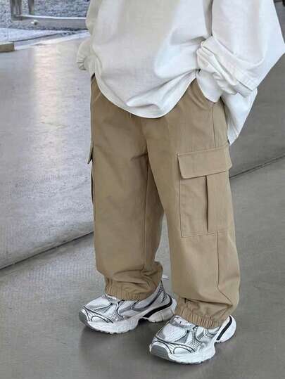 Young Boy's Oversized Cargo Pocket Loose Utility Pants, Suitable For Commuting, School, Casual, Travel, Sports, Spring, Summer, Autumn, Winter