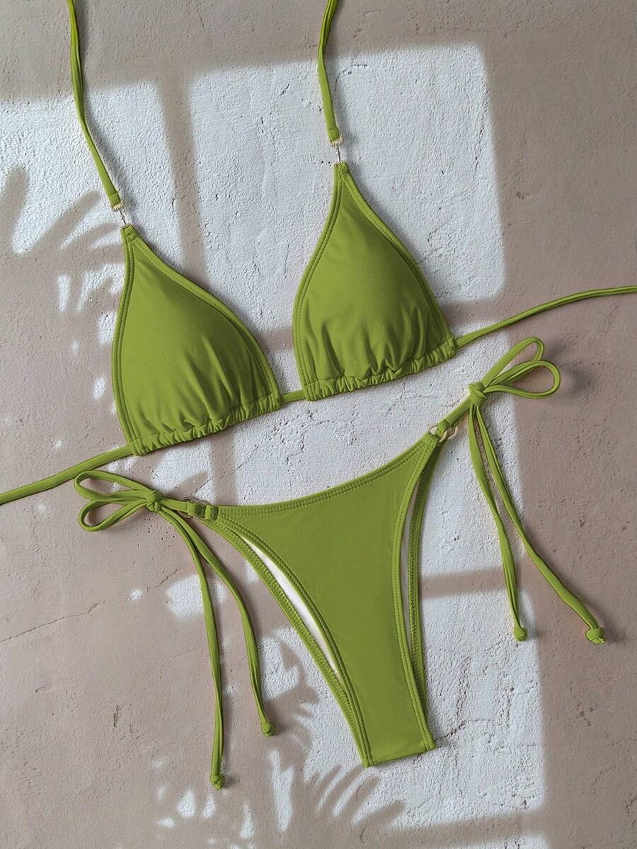 Swim SXY 纯色金属装饰吊带打结性感比基尼套装 - 綠色 - 查看 1