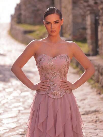 Aureia Elegant, Romantic, Fashionable, Dignified Pink Beaded Embroidered Chiffon Patchwork Ruffle Hem A-Line Dress, Suitable For Formal Party, Wedding Guest, Bachelorette Party, Gala