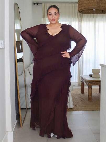 Pretty and Ole 大码女式茄子紫色荷叶边下摆开叉长袖连衣裙