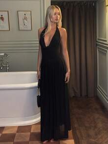 Theaadoraa Women's Solid Color Sheer Draped Neck Backless Ribbon Hem Maxi Dress, See-Through Sexy Vacation Dress,Valentine's Day,Valentine Outfits For Women Party - Black - View 1