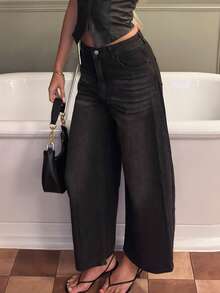 Theaadoraa Calça jeans feminina branca lavada, perna reta e larga, vintage - Preto - Ver 3