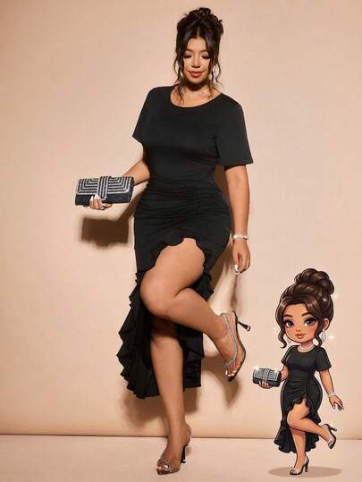 Cravure Plus Size Sexy Bodycon Ruffle Hem Dress