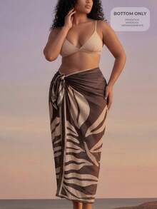 CAJUNI Plus Size Women Leaf Print Casual Beach Cover Up & Skirt Set - Brown - View 1