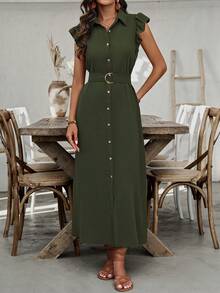 SHEIN Clasi 女士休闲纯色翻领日常春夏连衣裙长款女装 - 軍綠色 - 查看 5