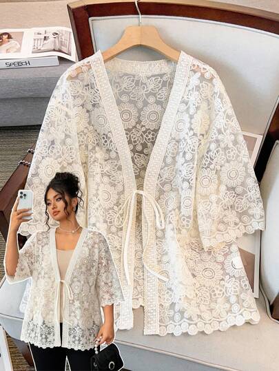 GlowEve CURVE 大码女式 V 领系带前透明度假衬衫披肩领半袖刺绣镂空开衫