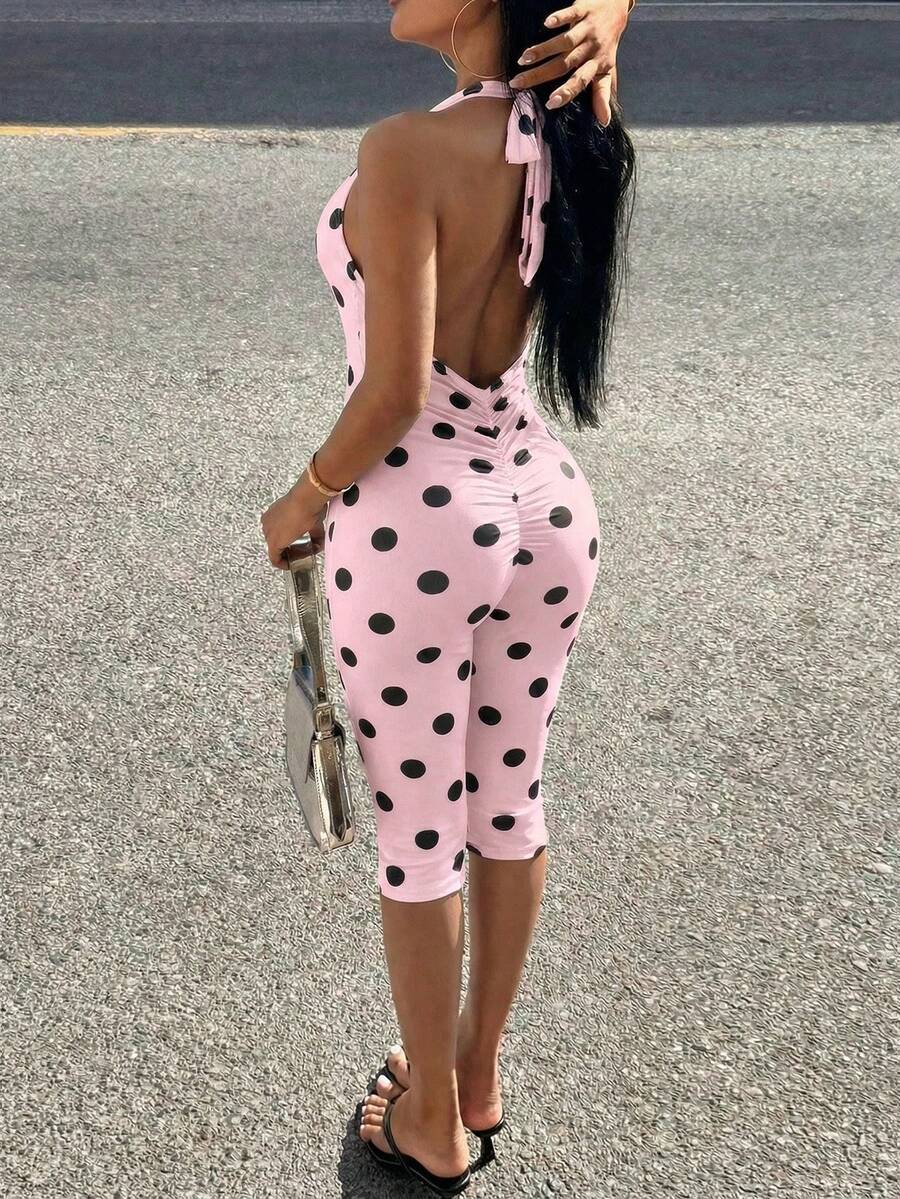 Slaydiva Mùa xuân mới, Lễ hội âm nhạc Xuân Hè, Ngày Valentine, Lễ Phục Sinh, Phong cách thường ngày, Đơn giản và cơ bản, Đường phố Y2K, Ngọt ngào và phổ biến, Kỳ nghỉ du thuyền, Hẹn hò hàng ngày, Phong cách cô gái nóng bỏng, Tiệc tùng gợi cảm, Áo cổ yếm, Thắt dây, Hở lưng, Eo, Quần bó xếp ly, Quần lửng, Nền trắng, Bộ liền thân chấm bi đen, Bộ liền thân bó sát dành cho nữ -A - Màu Hồng baby - Xem 1