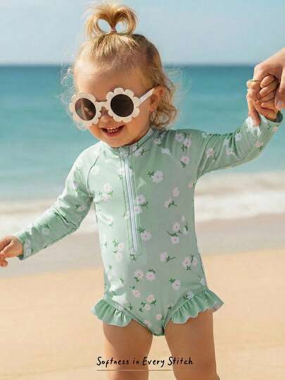 Cozy Pixies Baby Girls' Floral Print Long Sleeve Zipper One-Piece Swimsuit, Summer Beach Holiday